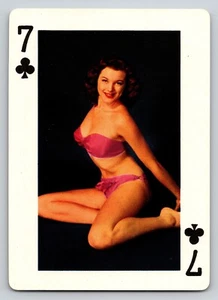 Curly Haired Pinup Posing in Purple Top Swap Card Seven of Clubs Playing Card - Picture 1 of 2