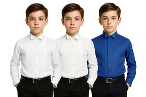 Jungen Hemden Premium Flügelkragen eckig Plissee Manschettenknopf Kinderhemd - Bild 1 von 10