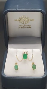 Oval Emerald+Diamond; 14k Gold Stud Earrings-10mm, Necklace 18"x1mm+Pendant 10mm - Picture 1 of 21