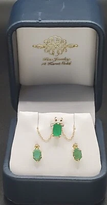 Oval Jadeite+Diamond; 14k Gold Stud Earrings-10mm, Necklace 18"x1mm+Pendant 10mm - Image 1 of 4