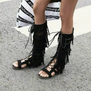 Womens Chic Faux Suede BOHO Tassel Lace Up Gladiator Knee High Sandals Shoes Y - Picture 1 of 10