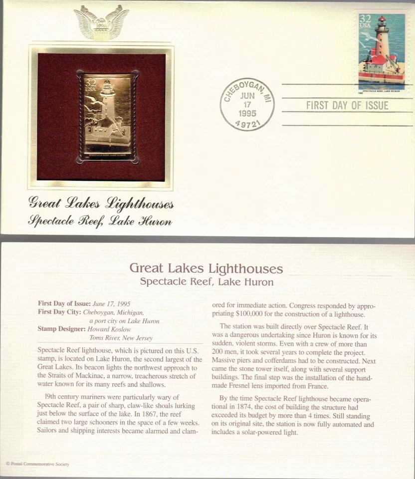 Great Lakes Lighthouses-Spectacle Reef Lake Huron-1st day issue-Golden Replica - Image 1 of 1