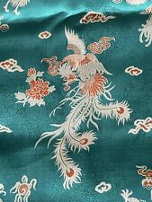 Vintage Chinese Dragon Brocade Fabric Green Teal Satin Feel