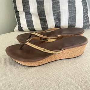 UGG Azure Platform Sandal Tan Woven Braid Strap Boho Thong Slide Women's Size 10 - Picture 1 of 6
