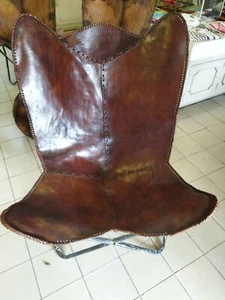 High Quality Natural Handmade 100% Leather Butterfly Arm Relaxing Chair Camping - Picture 1 of 8