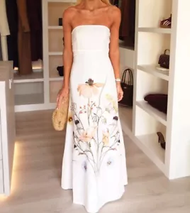 H&M : White/Flowers Linen-Blend Bandeau Dress : 1271253002 : ALL SIZES - Afbeelding 1 van 5