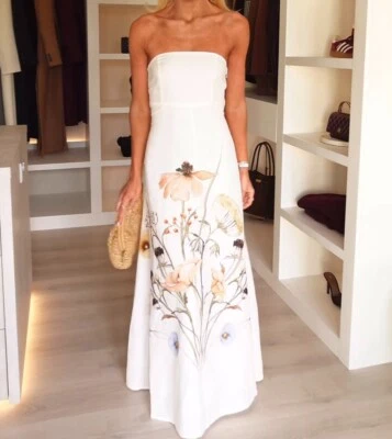 H&M : White/Flowers Linen-Blend Bandeau Dress : 1271253002 : ALL SIZES