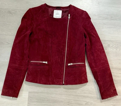 Chaqueta Moto Mango MNG Gamuza Cuero Mujer’s US XXS Plata Herrajes Borgoña Foto 1 de 4
