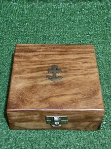 Vintage Wooden Box Square Hinged Lid & Inlayed Brass Anchor, Felt Inner Sailor - Picture 1 of 6