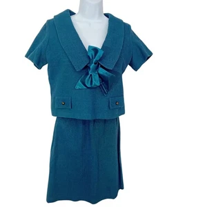1960s Handmade 2-pc Matching Knit Set Bow Blouse Top + Comfort Skirt (S/4) Teal - Picture 1 of 19