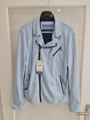 The Zara Suede Light Blue Leather Biker Jacket in size Large - Image 1 of 4
