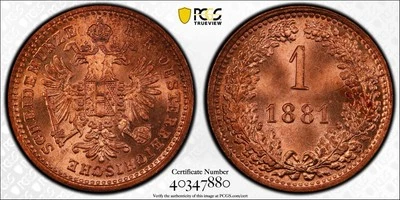 PCGS MS65RD Austria 1 Kreuzer 1881 - Image 1 of 3