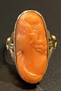 Wunderschöner antiker 18k yg Jugendstil geschnitzte Koralle Kamee Ring 4,27gr - Bild 1 von 12