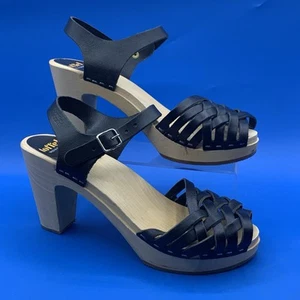 TOFFEL Swedish Hasbeens Black Leather Wooden Platform Sandals - Size EU 39 - Picture 1 of 10