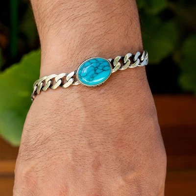 Men's Natural Turquoise Gemstone 925 Sterling Silver Cuban Curb Chain Bracelet - Image 1 of 4