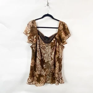 Lane Bryant 22W Plus Womens Y2K Brown Boho Floral Print Sequin Embellished Top - Picture 1 of 7