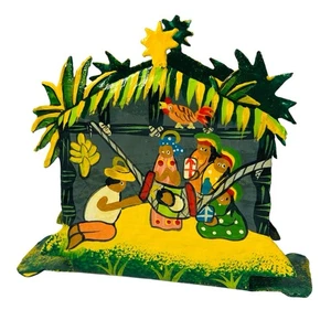 Hand Painted Caribbean Nativity Scene Metal Napkin Holder Colorful Holiday 5X6" - Picture 1 of 7