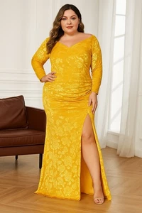 Gold Samt Jacquard Maxikleid 1XL Rüschen hoher Schlitz Langarm komplett gefüttert - Bild 1 von 12