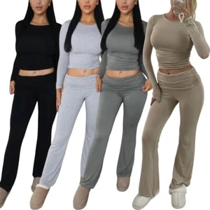 Womens Long Sleeve Ruched Crop Top Fold Over Wide Leg Trouser 2pcs Tracksuit - Picture 1 of 10