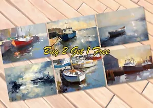 Coastal Harbor Boats, Prints on Matte Paper | Serene Nautical Painting Set - Picture 1 of 27