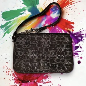 Coach Holiday Black And Gray Signature Lurex Wristlet - “Carmen” - Picture 1 of 22