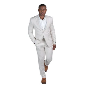 Slim Fit Tan Men's Linen Suit 2 Button Notch Lapel Flat Front Pants AZAR MAN - Picture 1 of 7