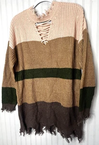 MAGLIONE DONNA 2X boho a righe marrone stringato scollo a V pullover tunica nuovo senza etichette - Foto 1 di 9