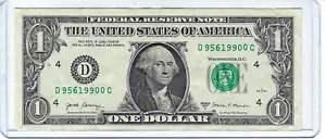 FEHLERNOTE $ 1 Ein Dollarschein Seriennummer D95619900C Gaspumpenkilometerzähler - Bild 1 von 2