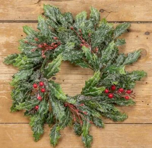 Lg.  11” Winter Candle Ring Frosted Holly Berry Wreath Winter Wreath - Picture 1 of 2