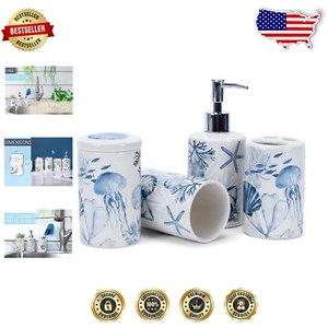 Chic 4-Piece Ceramic Bathroom Accessories Set - Nautical Blue & White Décor - Picture 1 of 8
