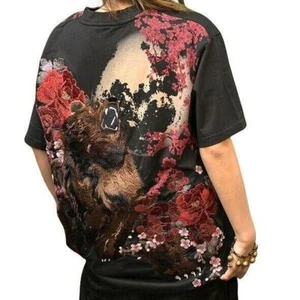 Mens T-Shirt Japanese Pattern Embroidery Beast Bear Floral Black White Unisex - Picture 1 of 20