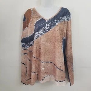 Women XXL Long Sleeve Animal Print Colorblock Blue Rust White V-Neck Shirt Top - Picture 1 of 14