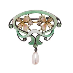 Vintage Nouveau 1910 Enamel Brooch Pin Sterling Silver and 18K Gold/Brooch - Picture 1 of 9