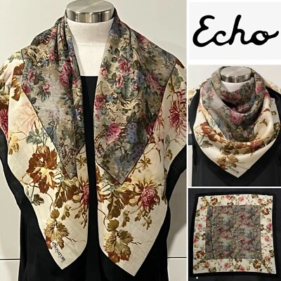ECHO Black, Pink, Green, Red 100% Wool Floral Romantic print SCARF 94cm x 94cm - Image 1 of 4