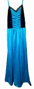 Turquoise Nightgown M Nylon Black Lace Trim Shirred Ruched Bodice True Vintage - Picture 1 of 6