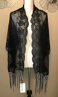 BABEYOND 1920s Style Shawl, NEW, Black Embroidered Peacocks, Sequins, Fringe • 20£