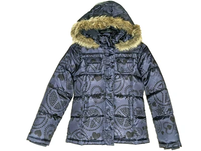 Old Navy Puffer Coat Youth L Fur Trim Hood Zip Up Fleece Lined Hearts Peace Love - Image 1 of 4