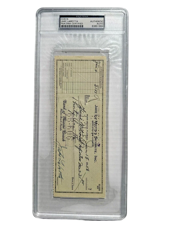 Jake LaMotta "Raging Bull" HOF 1956 Signed Check Boxing PSA/DNA Certified Auto - Image 1 of 4