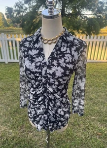 Cable & Gauge Y2K Cinched Collared Shear Button Up Black White Floral  XS NEW - Picture 1 of 18