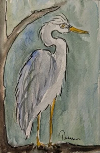 Blue Heron - 5 x 7 Watercolor painting, with Mat, unframed - Picture 1 of 2