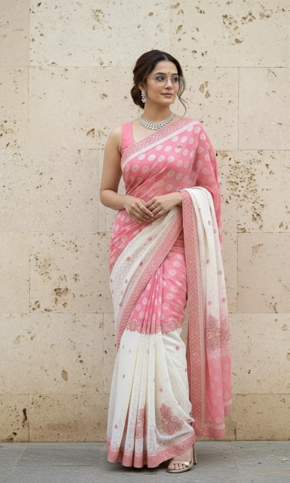 Used Indian Pink Saree Party Wear Wedding Sari Bollywood Ethnic Pakistani - Image 1 of 4