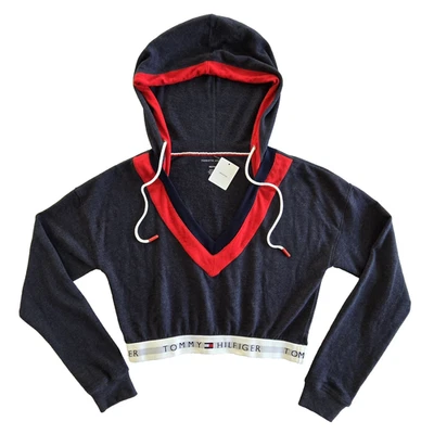 Tommy Hilfiger Hoodie Womens XS Blue Cropped Logo Pullover Casual Athleisure NEW - Image 1 of 4