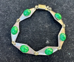 DESIGNER 925 STERLING SILVER ISRAEL GREEN MALACHITE CABOCHON LINK BRACELET 8” - Picture 1 of 14