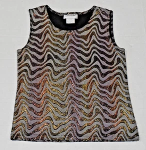 Vintage Top Connected Size S 80s Shiny Textured Black Gold Wavy Stripe Made USA - Picture 1 of 7