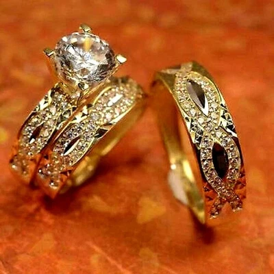 2Ct 14K Yellow Gold Over Trio His & Her Engagement Ring Set Lab-Created Diamond - Image 1 of 2