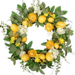 20 inch Artificial Lemon Wreath for Front Door Yellow Peony White Hydrangea G... - Picture 1 of 6