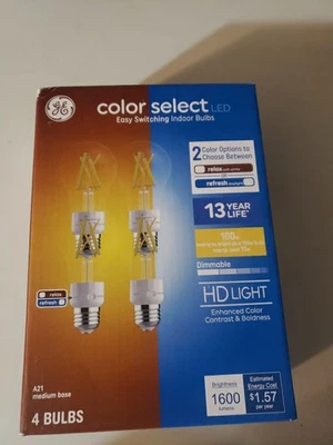 GE Color Select 1 Box=4 Glass Light Bulbs Dimmable HD 1600 Lumens 100W uses 13W - Image 1 of 4