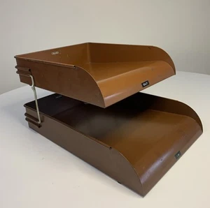 Vintage Mid Century Ufficio In Out Box 2 Ripiani Acciaio Art Decò Epoca Anni '40 USA - Foto 1 di 15