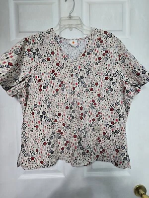 Peaches Scrub Top Size-XL-Tan/Black/Red Floral V-Neck-Chest 26" L 25.5" - Image 1 of 4