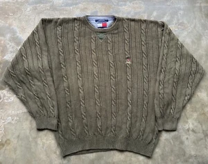 Vintage 90s Tommy Hilfiger Pullover Cable Knit Crew Neck Sweater Size L Green - Picture 1 of 8